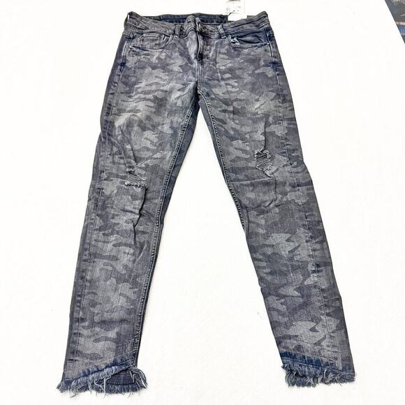 Zara Mid Rise Skinny Camouflage Patterned Print Denim Jeans Raw Hem Size 40 US8 - Picture 2 of 8